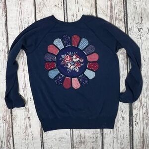 Vintage 1980s Floral Flower Blue Stitched Crewneck 80s Pullover Sweatshirt